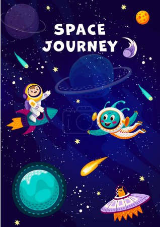 Illustration for Cartoon alien, UFO saucer and kid astronaut on space rocket in starry galaxy, vector background. Kid spaceman on spaceship on galactic travel to stars in outer space with martian alien between planets - Royalty Free Image