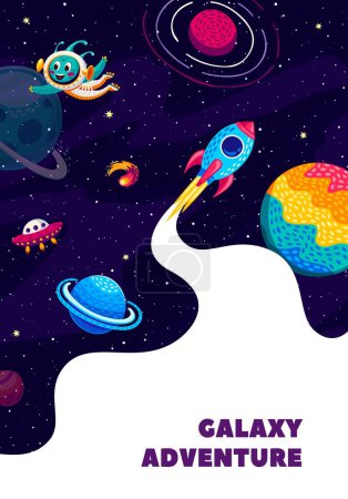 Illustration for Galaxy adventure poster. Rocket spaceship launch, alien character, ufo and starry galaxy landscape with planets. Vector background with spacecraft with white smoke travel in Universe explore cosmos - Royalty Free Image