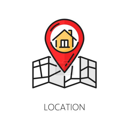 Illustration for House location map icon for real estate, home apartment rent and residential property sales, line vector. Real estate pictogram of map and house location pin for residential building developers - Royalty Free Image