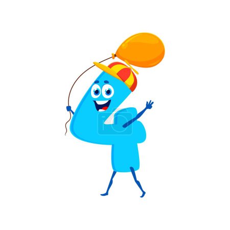 Illustration for Cartoon funny math number four character. Isolated cute vector playful 4 figure donning cap with propeller holding balloon. Mathematics numeric baby personage with big round eyes, and cheerful smile - Royalty Free Image