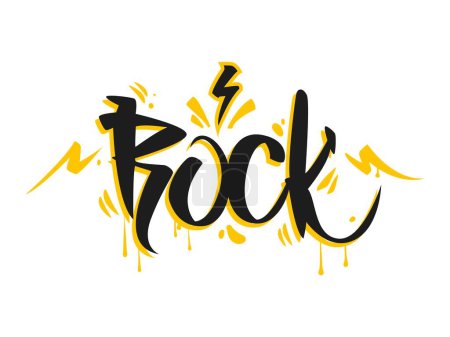 Illustration for Rock graffiti word, street art and urban style text lettering with airbrush paint spray, cartoon vector. Word Rock with yellow lightning and paint leak drips on wall in street art or music style - Royalty Free Image