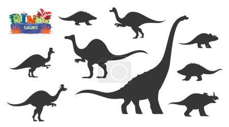 Illustration for Cute dinosaurs cartoon personages silhouettes. Nodosaurus, Hypacrosaurus, Lambeosaurus and Titanosauria, Centrosaurus, Panoplosaurus, Avaceratops and Deinocheirus, Corythosaurus vector silhouettes - Royalty Free Image