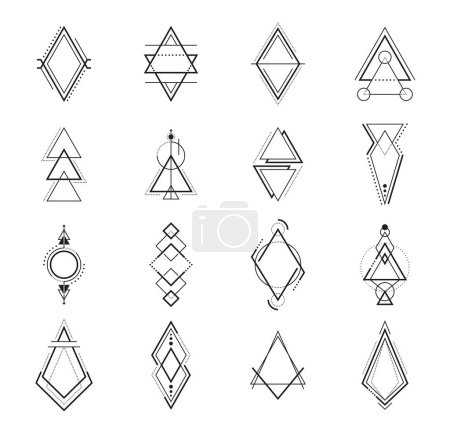 Illustration for Geometric boho tattoos, vector mystic symbols with bohemian art, alchemy and astronomy line elements, triangles, arrows and circles. Tribal boho tattoos set with ornaments of geometric shapes and dots - Royalty Free Image