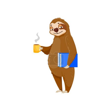Illustration for Cartoon funny sloth character with coffee cup and book, cute animal, isolated vector. Lazy slow sleepy sloth or tropical jungle bear with coffee mug and books, sleepy smiling on relax - Royalty Free Image