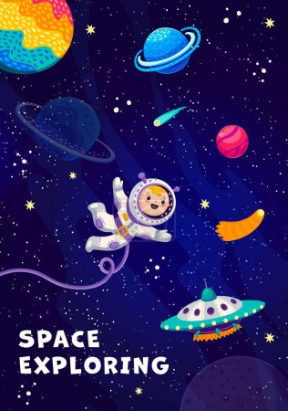Illustration for UFO and kid astronaut in outer space between galaxy planets and stars, vector cartoon poster. Funny kid spaceman in spaceflight to stars, galactic planets with asteroids and comets in sky background - Royalty Free Image