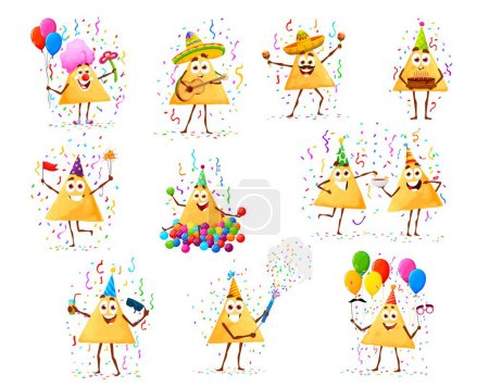 Ilustración de Personajes de nachos de dibujos animados en aniversario de cumpleaños. Cocina Mexicana crujiente cabaña alegre payaso y músicos personajes, divertidos nachos con aplausos, pastel de cumpleaños, salsa y globos - Imagen libre de derechos
