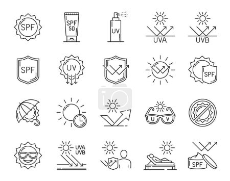 Illustration for SPF sunscreen, sun and ultraviolet protection icons, vector line symbols. SPF cream and UV block or beauty and skincare outline icons of sunglasses, sunblock cream and sun protection line pictograms - Royalty Free Image