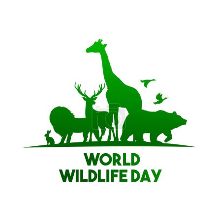 Wildlife Day Vektor Poster, wilde Tiere grüne Silhouetten isoliert auf weißem Hintergrund. Artenvielfalt Löwe, Bär, Giraffe und Hase mit Rehen und Enten. Wald und afrikanische Tiere Fauna Urlaub
