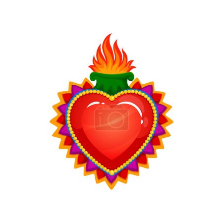 Illustration for Mexican sacred heart with burning fire flames, tattoo and religion symbol, vector icon. Sacred heart or Corazon Milagro, Mexican Catholic religion sign of Jesus and God love or divine miracle - Royalty Free Image