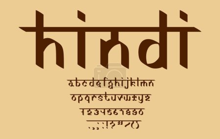 Indio inglés fuente, tipo asiático étnico, tipo de letra inspirada devanagari, alfabeto tradicional en estilo hindi. Indio tipografía numeral y símbolos de puntuación, Inglés ABC vector letras y dígitos