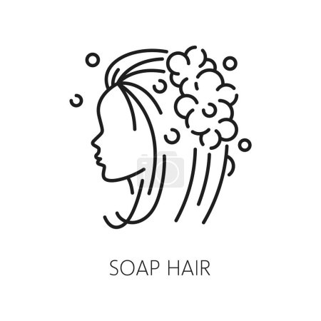 Illustration for Hair care soap and treatment thin line icon. Haircare cosmetology, styling, hair soap or shampoo outline icon, woman beauty product or spa salon cosmetics line vector pictogram or symbol - Royalty Free Image
