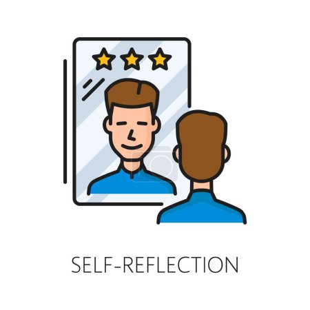 Téléchargez les illustrations : Problème de trouble psychologique d'auto-réflexion, icône de ligne mince isolée de santé mentale, symbolisant l'introspection et la conscience de soi, représentée par un miroir contemplant avec la réflexion du visage masculin - en licence libre de droit