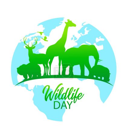 Téléchargez les photos : Journée mondiale de la faune fête bannière ou affiche avec grizzli, cerf et girafe, éléphant, hippopotame animaux sauvages silhouettes vertes sur fond de planète Terre bleu globe vecteur - en image libre de droit