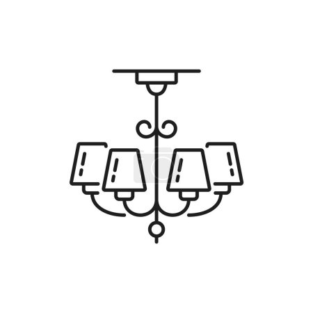 Ilustración de Lámpara de araña o luces de techo icono de línea, lámpara de iluminación para el hogar y linterna de iluminación, contorno vector. Lámpara de araña colgante con pantallas de lámparas y lámparas de bombilla, luz led interior de la casa - Imagen libre de derechos