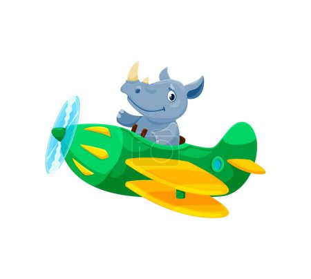 Illustration for Cartoon rhinoceros pilot on airplane, funny rhino animal aviator in plane, vector character. Happy rhinoceros from zoo flying on propeller airplane toy, funny zoo animal pilot or aviator for kids - Royalty Free Image