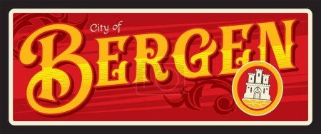 Illustration for City of Bergen, Norway town. Vector travel plate or sticker, vintage tin sign, retro vacation postcard or journey signboard, luggage tag. Norwegian souvenir card with seal with tower - Royalty Free Image