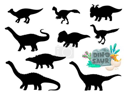Illustration for Cartoon dinosaurs funny characters silhouettes. Jurassic era dinosaur vector cute mascot. Protoceratops, Jaxartosaurus, Quaesitosauru and Magyarosaurus, Opisthocoelicaudia, Struthiosaurus personage - Royalty Free Image