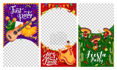 Illustration for Mexican fiesta social media template banners. Hispanic culture traditional festival fiesta party cartoon vector banners with mariachi chilli characters, flamenco dancer woman and musical instruments - Royalty Free Image
