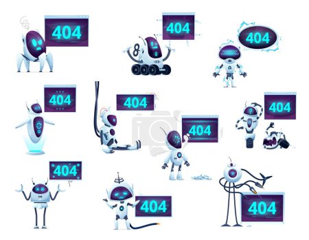 Téléchargez les illustrations : Page 404 avec écrans de dessin animé, robots et droïdes pour erreur de site Web, symboles vectoriels d'androïde cassé. 404 erreur ou page web introuvable, oups site service maintenance écrans avec robots et droïdes - en licence libre de droit