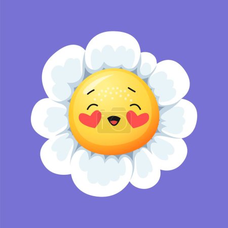 Illustration for Camomile smile daisy flower character. Cartoon cheerful vector chamomile with white petals, sunny face covered with freckles and heart shaped cheeks, radiating joy, spreading positivity and happiness - Royalty Free Image