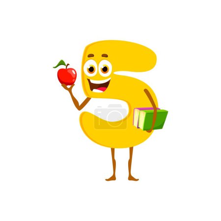 Illustration for Cartoon funny number five character with apple and textbooks. Isolated cute vector playful 5 figure with big round eyes, a cheerful smile and distinctive five-shaped body, ready for mathematics class - Royalty Free Image