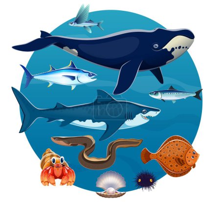 Téléchargez les illustrations : Dessin animé animaux marins et poissons du monde océanique avec grande baleine, requin et coquillage, affiche vectorielle. Poissons volants exotiques marins, thon au hareng, coquille de perle et plie à l'anguille et à l'oursin - en licence libre de droit