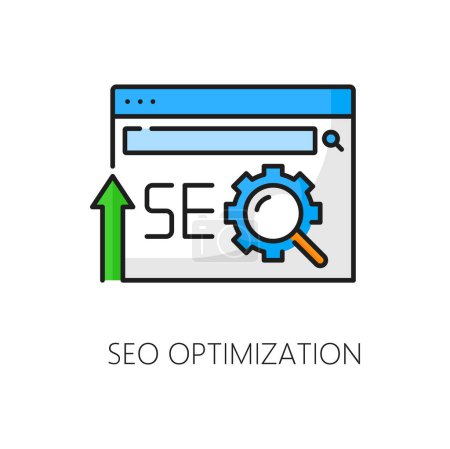 Ilustración de Icono de optimización SEO, SERP o pictograma de página de resultados de motores de búsqueda para marketing en Internet. SEO en publicidad web y optimización de contenido de medios digitales en búsqueda de internet y SERP de sitios web - Imagen libre de derechos
