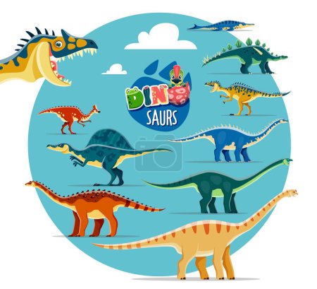 Illustration for Cartoon dinosaur, funny reptiles characters. Jurassic lizard, extinct reptile. Amygdalodon, Neovenator, Lexovisaurus and Metriorhynchus, Aragosaurus, Oxalaia paleontology dinosaurs vector personages - Royalty Free Image