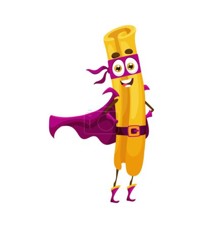 Illustration for Cartoon casarecce italian pasta food superhero character. Isolated vector confident and brave macaroni personage with funny face and happy smile standing with arms akimbo and cheerful expression - Royalty Free Image