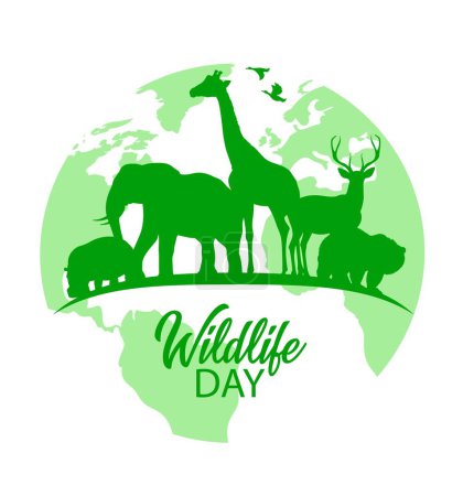Illustration for Wildlife day vector poster, wild animals green silhouettes on Earth globe. Biological diversity hippo, bear, giraffe and elephant with deer and ducks forest and african animals planet fauna holiday - Royalty Free Image