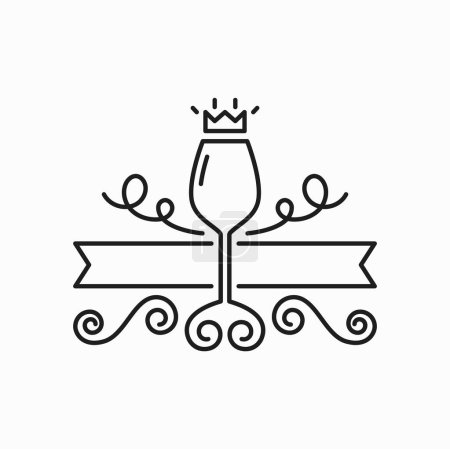 Téléchargez les illustrations : Verre de vin royal avec couronne, tourbillons de vignoble contour ornement et icône de décoration. Gobelet vecteur de boisson alcoolisée, produit vinicole - en licence libre de droit