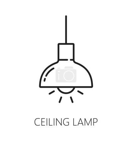 Téléchargez les illustrations : Lanterne électrique, lumière halogène, plafonnier intérieur ligne mince icône. Icône ou panneau linéaire de meubles électriques de bureau, lumière intérieure de maison, pictogramme vectoriel de ligne mince de lampe de maison ou d'entrepôt - en licence libre de droit