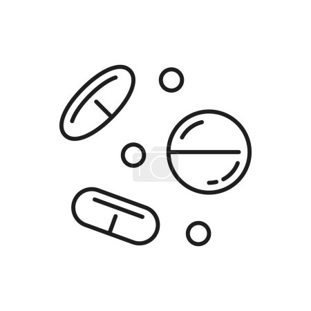 Ilustración de Píldoras de farmacia línea icono de tabletas de medicamentos y medicamentos farmacéuticos, contorno vector. Las píldoras médicas describen el pictograma para la prescripción de medicamentos de farmacias y el tratamiento de salud - Imagen libre de derechos