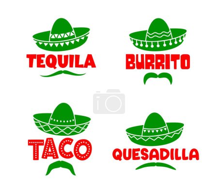 Illustration for Mexican sombrero hats and moustaches with tequila, burrito, taco and quesadilla, Tex Mex food vector icons. Mexican cuisine restaurant or fast food bar menu signs of sombreros with ethnic ornaments - Royalty Free Image