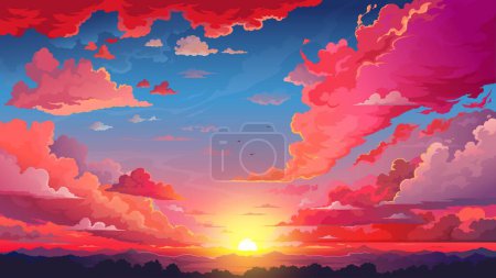 Ilustración de Cielo rojo puesta del sol anime fondo con nubes esponjosas y sol. Dibujos animados vector hermoso paisaje de la naturaleza, vívido paisaje nuboso brillante con rayos brillantes sobre los picos de montaña y coronas de árboles, vista de la noche - Imagen libre de derechos