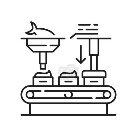 Ilustración de Procesamiento y fabricación de pescado, transportador de sellado. Vector de producción comercial, mariscos conservados. Conservas de mariscos en conserva - Imagen libre de derechos