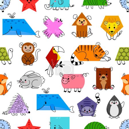 Illustration for Cartoon animal characters in math shape seamless pattern, animal geometry vector background. Square elephant, triangle hedgehog and oval rabbit with arrow dog, kids funny zoo animals in math figures - Royalty Free Image