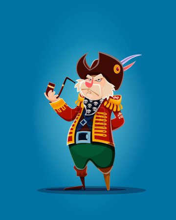 Ilustración de Dibujos animados pirata capitán o corsario marinero de un personaje de piernas con pipa humeante. Vector bucanero adornado con un atuendo andrajoso, exudando un aura traviesa mientras se embarca en una aventura vertiginosa - Imagen libre de derechos