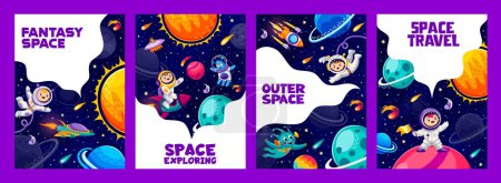 Illustration for Cartoon space posters, vector cards with astronauts, ufo and aliens, spaceship and stars. Flyers set with spacecraft and funny cosmonauts in starry universe or galaxy. Interstellar cosmic adventure - Royalty Free Image