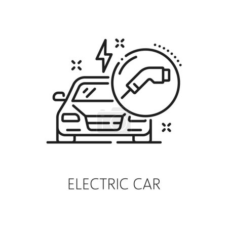 Illustration for Electric car dealer, dealership, auto company outline icon. Automobile service salon, used vehicle buy distributor or car rental dealership outline vector symbol with electric vehicle charging cable - Royalty Free Image