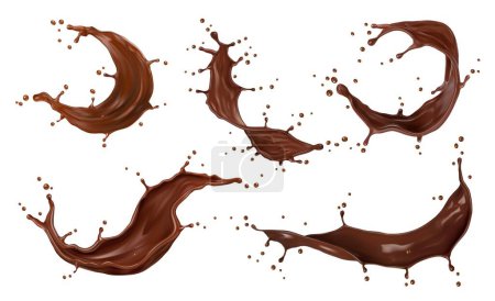 Illustration for Realistic chocolate milk drink splash with splatters. Beverage swirl flow, wave and drops 3d set of vector cocoa, hot chocolate, melted choco candy, sauce and milk shake, sweet dessert food and drink - Royalty Free Image