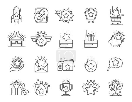 Illustration for Benefit special bonus, prize and reward icons or loyalty gifts, vector line symbols. Money bonus, reward benefits and incentive icons of star and coin, credit card and award coupon with piggy bank - Royalty Free Image