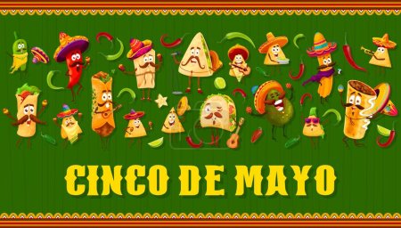Téléchargez les illustrations : Cinco de Mayo Bannière de vacances mexicaine avec personnages culinaires Tex Mex, fond de dessin animé vectoriel. Cinco de Mayo fête de fiesta avec burrito drôle dans sombrero, tacos à la guitare et nachos mariachi - en licence libre de droit