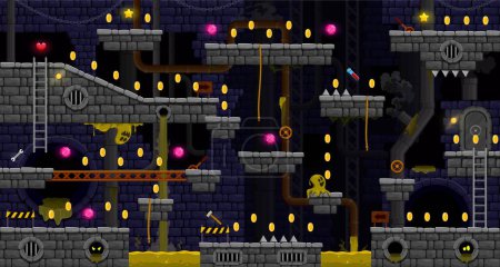 Illustration for Dark arcade underground of sewage wastewater for game level map, vector interface. Stone platforms and coins, stairs and ghosts with gems and monster slimes on platforms for arcade game background - Royalty Free Image