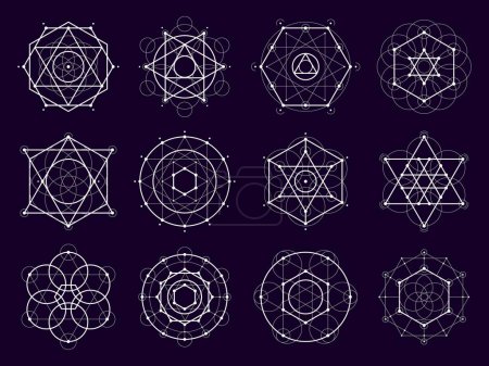 Illustration for Sacred geometric shapes. Mystery, magic and esoteric symbols of spiritual arts. Vector line circle, triangle, hexagon, square and star patterns of sacred geometry, pentagram, mandala or crystal grid - Royalty Free Image