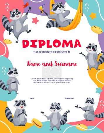 Illustration for Kids diploma cartoon funny raccoon characters. Educational school or kindergarten certificate with funny forest animal personages, vector award frame template. Student trophy, honor achievement - Royalty Free Image