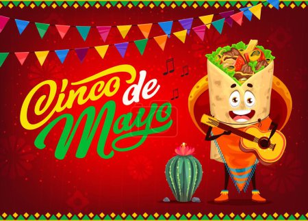 Illustration for Mexican Tex Mex burrito mariachi character on Cinco de Mayo holiday banner. Latin holiday invitation card, Cinco de Mayo vector poster with mexican cuisine cheerful burrito personage playing on guitar - Royalty Free Image