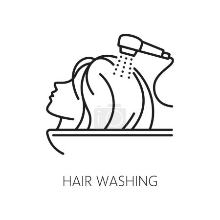 Illustration for Hair care washing and treatment outline icon. Haircare cosmetology, bathroom cosmetics linear pictogram, woman beauty styling and spa salon washing treatment outline vector icon or symbol - Royalty Free Image