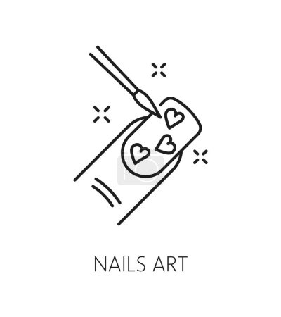 Illustration for Nail manicure service icon with brush and art. Manicure and pedicure master, cosmetics and makeup products shop, woman beauty or spa salon service outline vector sign. Cosmetology thin line pictogram - Royalty Free Image
