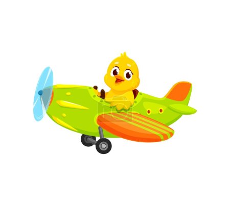 Illustration for Cartoon baby chick animal character on plane. Animal kid airplane pilot. Isolated vector chicklet gleefully soars through the sky on a cute whimsical airplane, with joyous chirps echoing in the air - Royalty Free Image